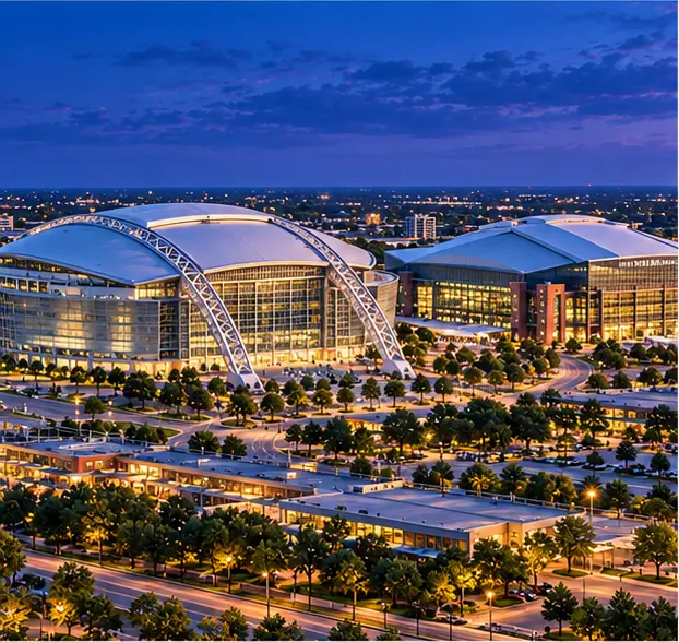 AI-generated twilight view of Arlington’s stadium district