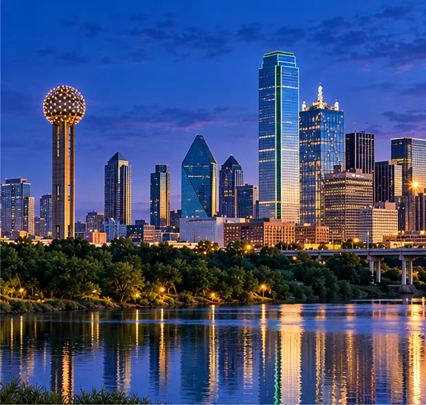 AI-generated Dallas skyline at twilight