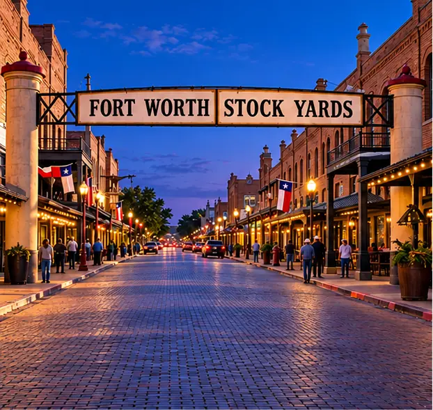 AI-generated twilight view inspired by the Fort Worth Stockyards