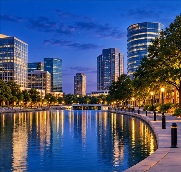 AI-generated twilight view inspired by Lake Carolyn in Las Colinas, Irving